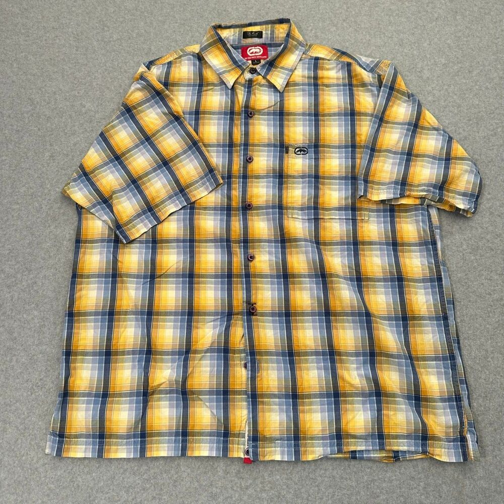 Ecko Unlimited Y2K Plaid Button Up Shirt Mens L Yellow Blue 100% Cotton
